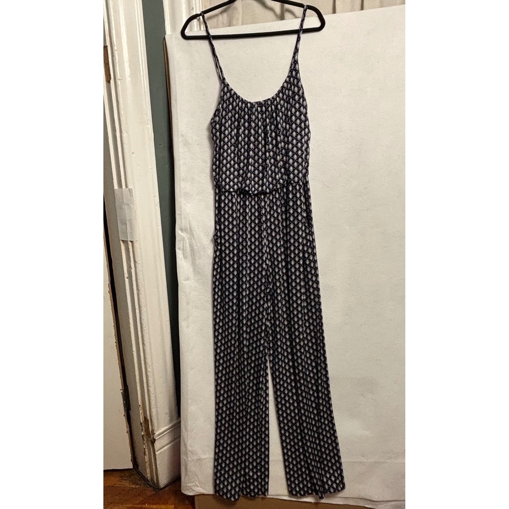 Kaileigh Navy White Geometric Diamond Print Wide Leg Jumpsuit Large